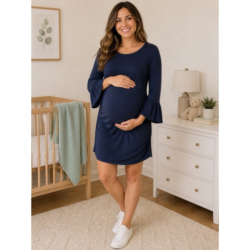 Flutter & Kick Navy Flare Sleeves Maternity Dress Ruched Medium Stretch‎ Casual
